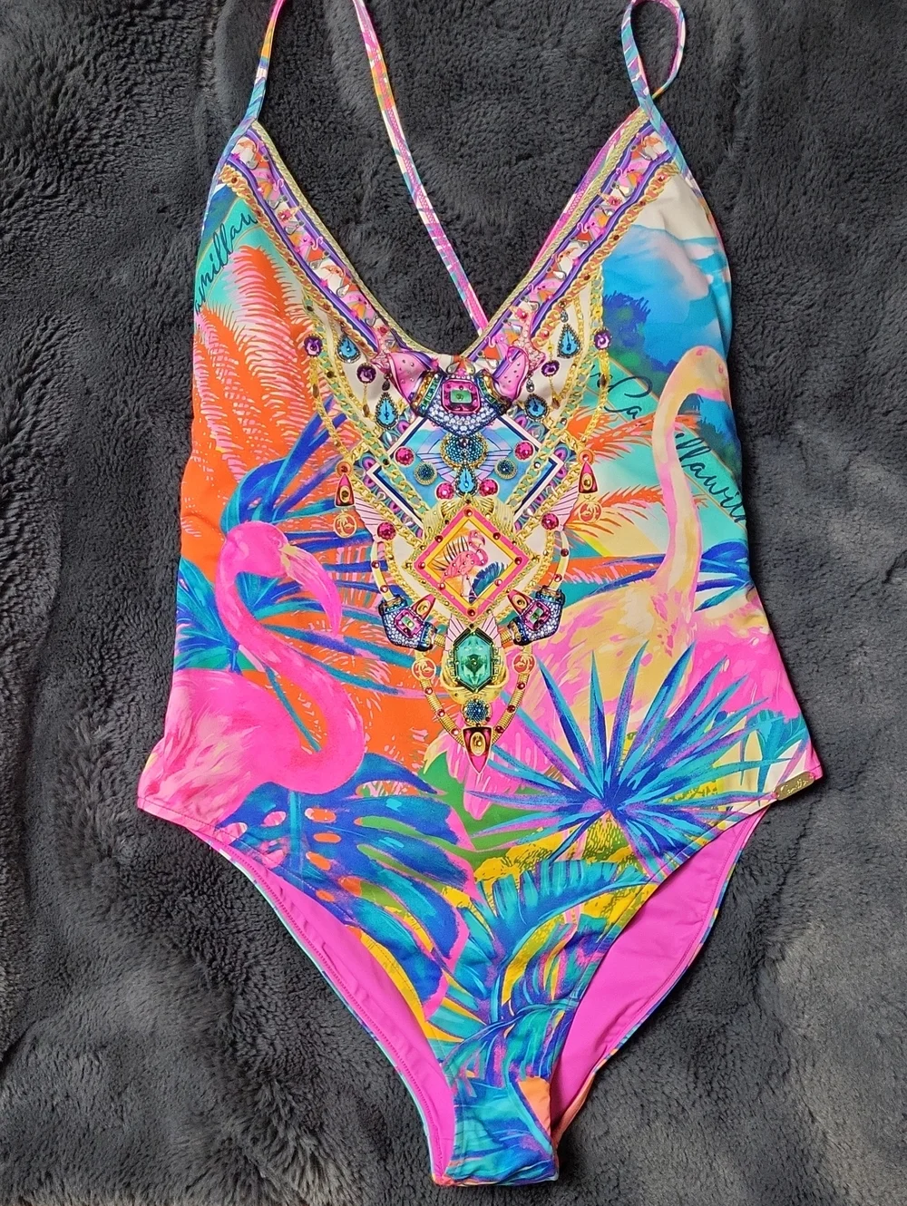 CAMILLA Flamenco Flamingo Crystal V Neck High Leg One Piece Swimsuit. Size M